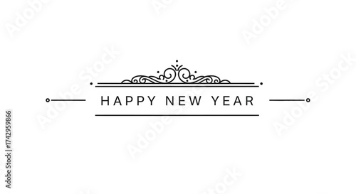 A refined vector illustration showcasing "Happy New Year" lettering adorned with classic decorative elements, ideal for festive banners, holiday cards, and elegant seasonal graphic designs