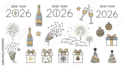 New Year's 2026 Celebration Icons Festive Elements for a Joyful and Prosperous Start to the Year Ahead