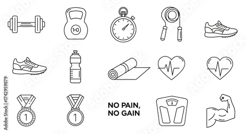 Clean line art icons for essential fitness and gym concepts, including diverse workout equipment and wellness elements, promoting a healthy, active lifestyle