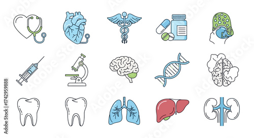Comprehensive vector line art icon set for medical and healthcare, depicting anatomy, tools, and health symbols, ideal for wellness and science digital projects