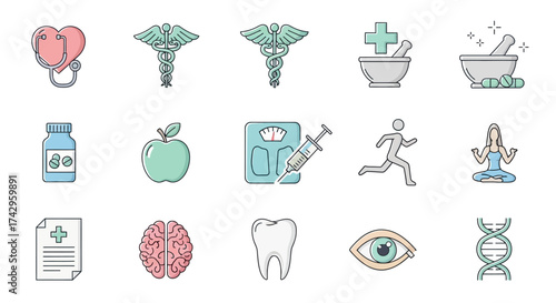 Collection of healthcare and wellness icons, encompassing stethoscope, medical symbols, healthy habits, and biological elements for design