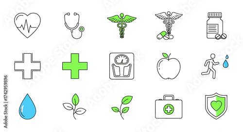 A comprehensive set of thin line icons representing various concepts of health, medicine, and wellness, including symbols for healthcare, fitness, and healthy living