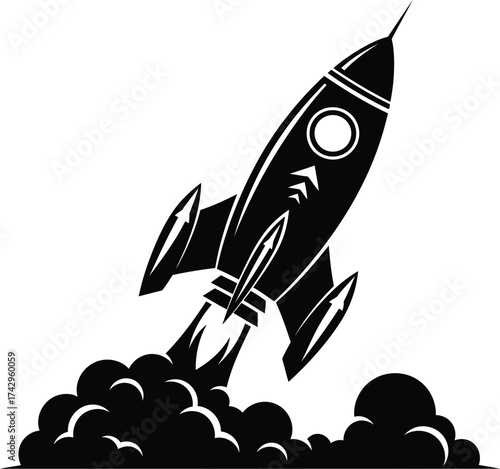 Retro rocket blasting off into space leaving smoky trails startup success innovation concept vector