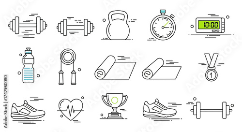 Comprehensive collection of modern line art fitness and sports equipment icons, perfect for representing an active lifestyle, gym workouts, health, and athletic