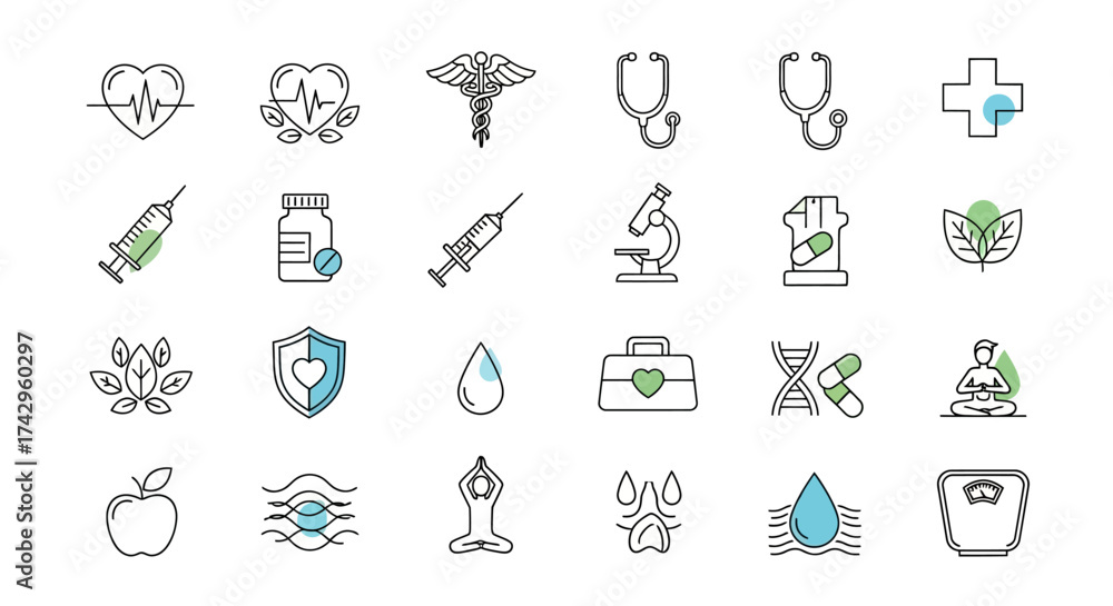 Fototapeta premium Collection of health and wellness icons in outline style, perfect for medical presentations, promoting well-being, and fitness