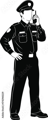 Professional police officer communicating on radio secure law enforcement duty security guard illustration vector