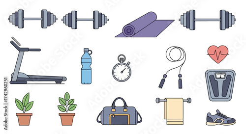 Collection of Vector Fitness and Exercise Icons for Health, Wellness, and Workout Themes, Including Dumbbells, Treadmill, and Yoga Mat