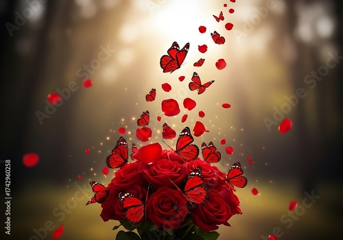 Red Roses and Butterflies in a Forest Setting.