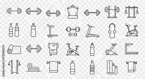 Fitness and gym equipment illustrations including dumbbells, weights, water bottles, treadmills, and exercise bikes for health and wellness