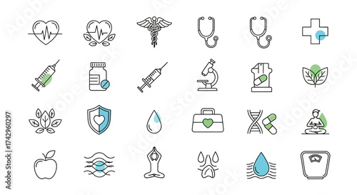 Collection of health and wellness icons in outline style, perfect for medical presentations, promoting well-being, and fitness