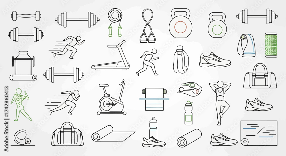 Fototapeta premium Collection of fitness and workout icons dumbbells, running, treadmill, exercise bike, yoga, healthy lifestyle, gym equipment