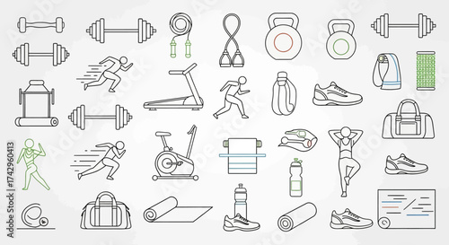 Collection of fitness and workout icons dumbbells, running, treadmill, exercise bike, yoga, healthy lifestyle, gym equipment