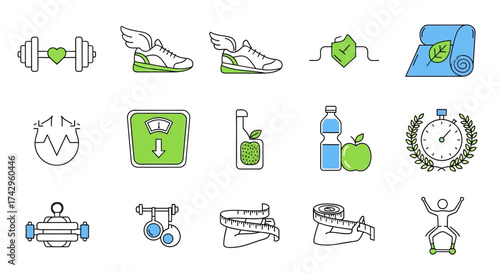 Collection of Vector Icon Illustrations Depicting Fitness, Wellness, and Healthy Lifestyle Choices for Promoting Well-being and Vitality