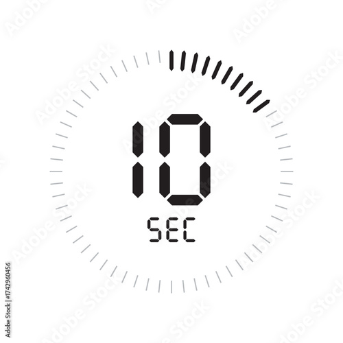 Digital 10 seconds countdown timer icon with circular progress bar