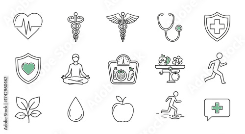 Essential health and wellness icons depicting medical symbols, healthy lifestyle choices, and overall well-being for various design projects