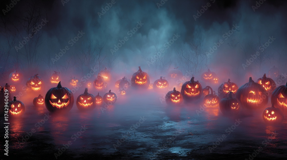 Fototapeta premium Haunting neon pumpkins illuminate an enchanted halloween night. Majestic beauty. Glowing pumpkins and lanterns cast an eerie neon light for halloween. Advertising photo. High-end fashion.