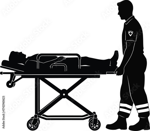 Paramedic transporting injured person on stretcher silhouette emergency medical services vector