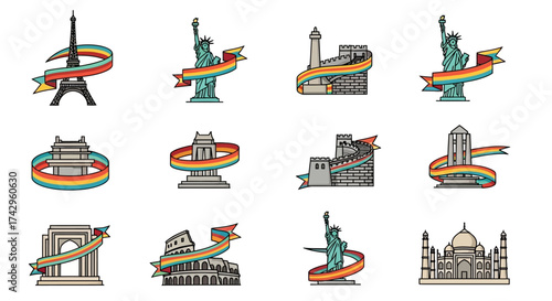 Iconic Landmarks of the World A Collection of Famous Monuments, Illustrating Architectural Marvels and Cultural Heritage with Ribbon Accents