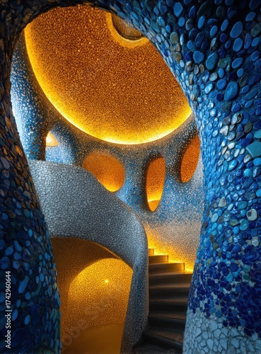 Intricate, curved structure of stone and mosaic tiles, with a winding staircase and ambient lighting