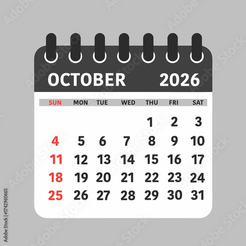 Calendar Leaf Vector Calendar Illustration for October 2026 with Modern Minimalist Design and Red Highlighted Dates