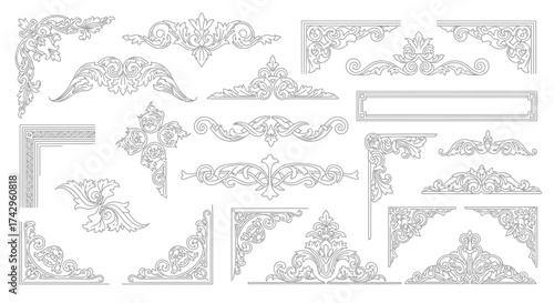 Collection of Detailed Vintage Decorative Floral Ornament Elements in Monochromatic Style for Design and Decoration Purposes