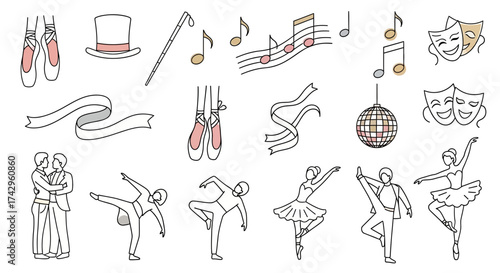 Elegant Line Art Collection Ballet, Music, and Performing Arts Icons, Embodying Grace, Rhythm, and Cultural Heritage