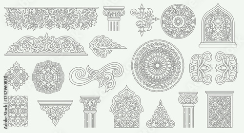 Collection of intricate ornamental design elements, perfect for enhancing architectural details, decorative borders, and cultural heritage projects