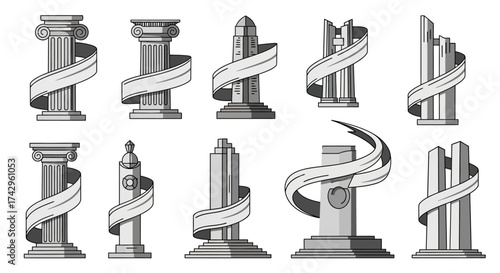 Elegant Collection of Ancient Greek Columns with Swirling Ribbons, Symbolizing History and Heritage for Various Design Concepts