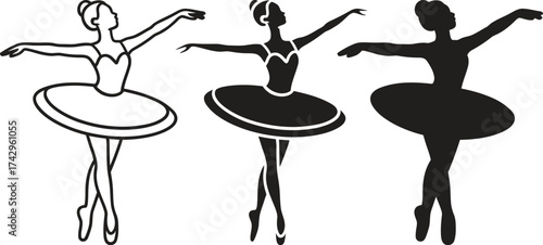 Three ballet dancers in tutus performing graceful poses