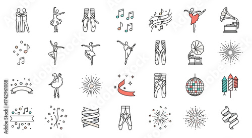 Collection of elegant ballet-themed line icons featuring dancers, pointe shoes, music notes, disco ball, and vintage gramophone, suitable for design