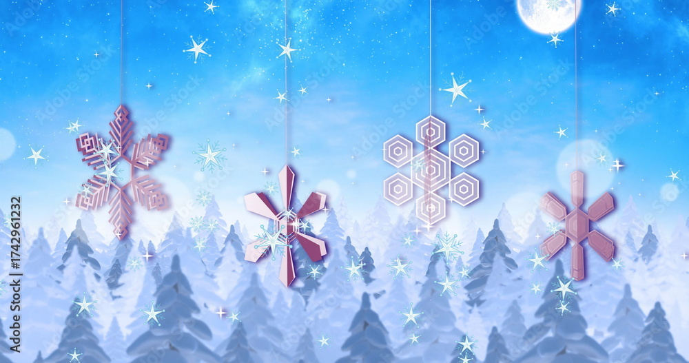 Fototapeta premium Image of stars falling and snowflakes over winter scenery