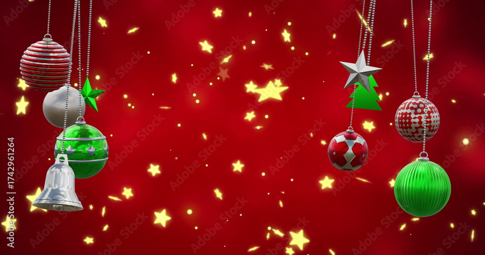 Fototapeta premium Image of christmas baubles decoration and stars on red background