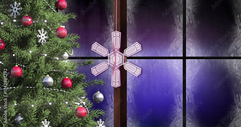 Fototapeta premium Snowflake image over wooden door with golden handles
