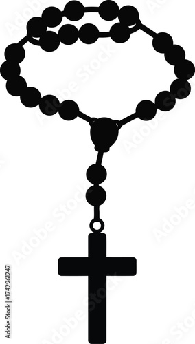 Silhouette of christian rosary beads with cross symbol spiritual devotion and prayer icon vector