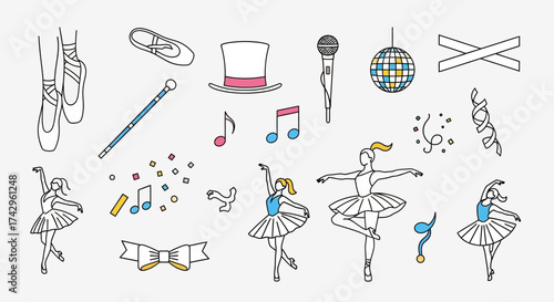 A Delightful Collection of Dance Elements and Accessories Including Ballerinas, Pointe Shoes, and Decorative Embellishments