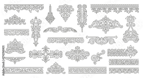 Collection of intricate, detailed vintage vector ornaments, borders, and dividers suitable for design, decoration, and heritage projects