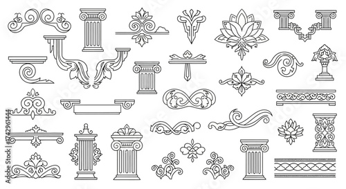 Elegant Architectural Ornament Collection A Detailed Set of Vector Illustrations for Design and Decorative Elements in a Vintage Style
