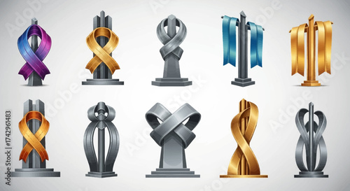 Collection of stylized ribbon monuments representing unity, support, and remembrance, perfect for symbolic designs