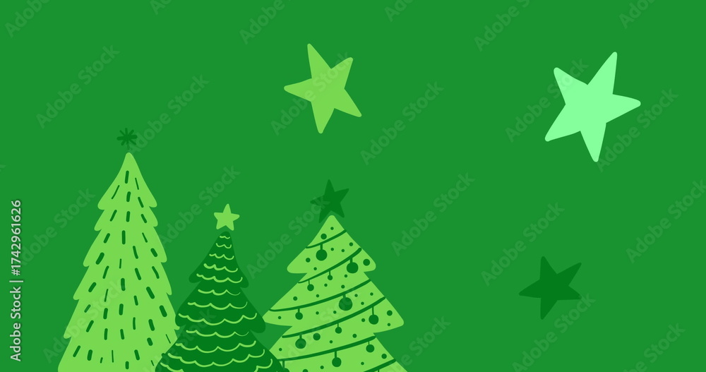 Fototapeta premium Image of stars over christmas trees on green background