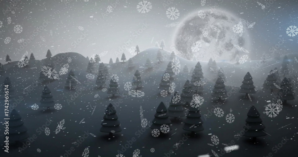 Naklejka premium Image of snow falling over winter scenery and full moon background