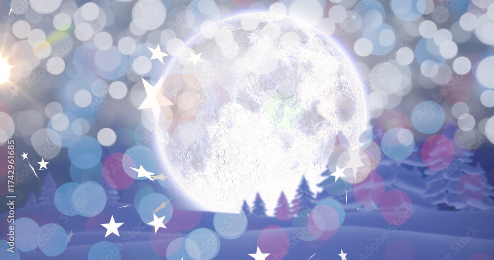 Naklejka premium Image of stars and light spots over winter landscape with trees and moon at christmas