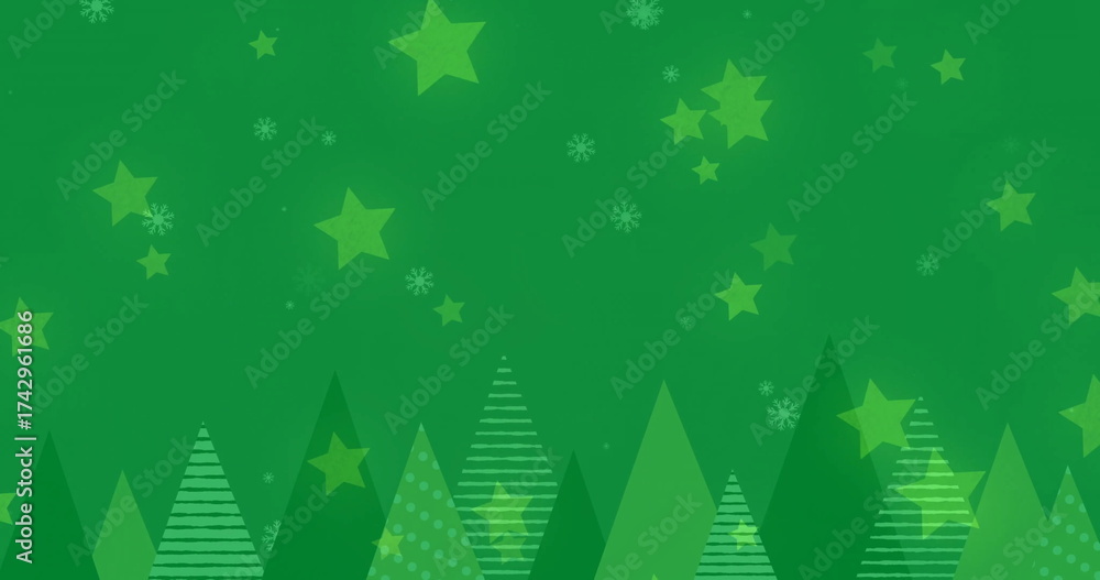 Fototapeta premium Image of stars and snow falling over fir trees on green background
