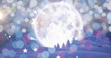 Image of stars and light spots over winter landscape with trees and moon at christmas