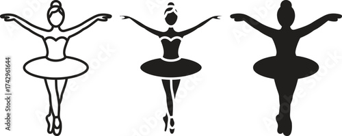 Three stylized ballerinas in silhouette and outline performing a dance pose