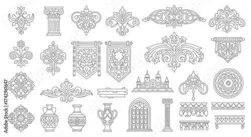 Detailed black and white vector ornaments, flourishes, vintage design elements, perfect for creating elegant heritage-themed artwork