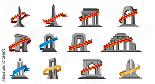 Collection of architectural monuments and landmarks with decorative ribbons, representing history and culture, isolated on white