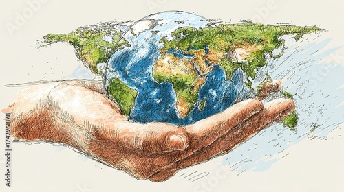 Hands holding a world map illustration with blue oceans and green land.