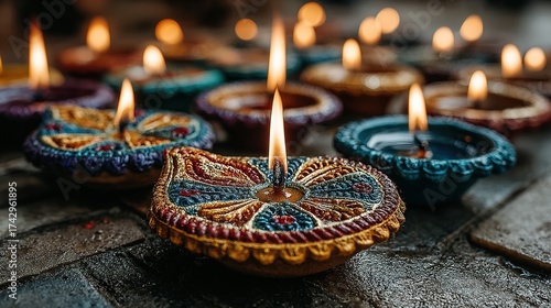 Lit diya lamps are arranged on a surface casting warm light.
