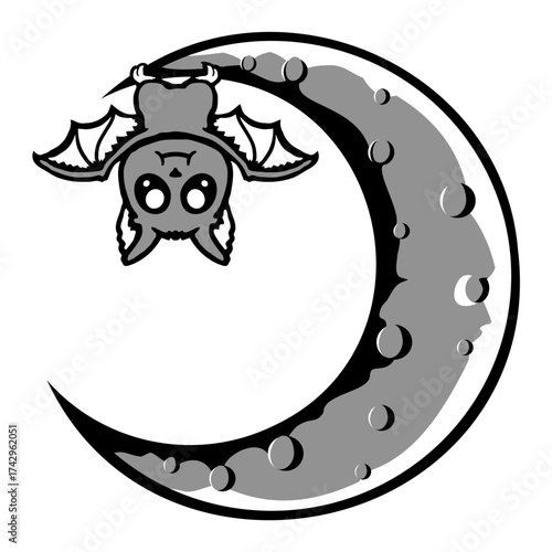 Cute Bat Hanging Crescent Moon Halloween Night Cartoon