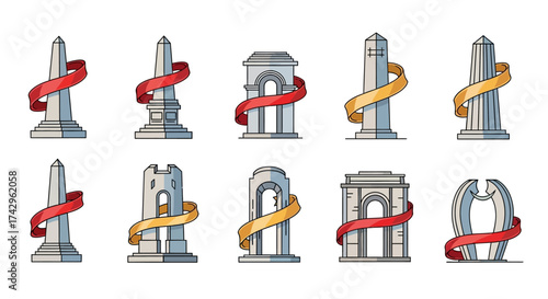 Architectural Illustrations A Collection of Monuments, Columns, and Structures Adorned with Ribbons, Showcasing Historical Heritage